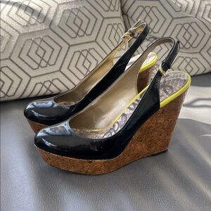 Black Patent Cork Wedge Slingback Heels